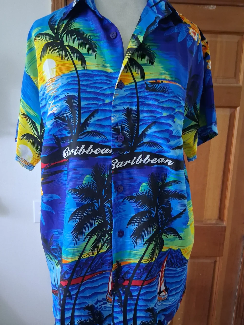 Caribbean Palm-Print Short Sleeve Button-Down Shirt - Blue